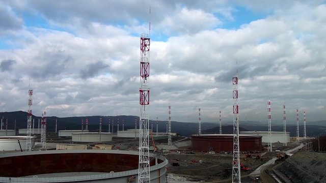 Construction of oil storage. Heavy equipment.