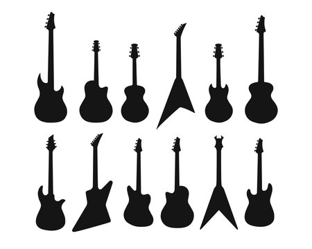 A set of silhouettes of various guitars. Bass , electric guitar , acoustic