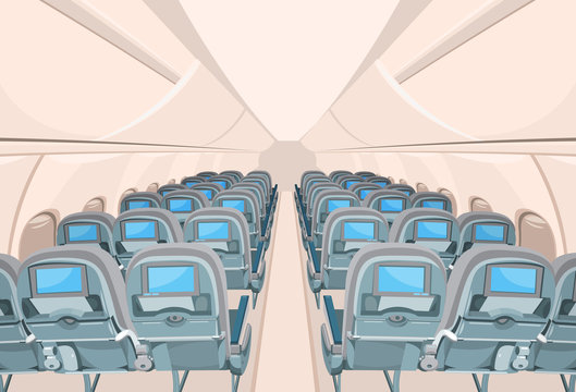 interior of passenger airplane with many empty seats