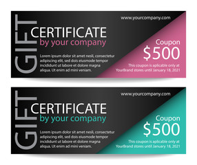 Creative gift certificate with black background and pink and turquoise corner