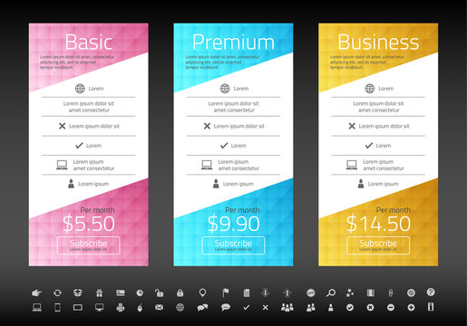 Modern pricing list with 3 options in turquoise, blue and raspberry color. Set of icons included