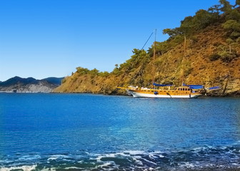 Gulet on sea coast near Fethiye. Turkey