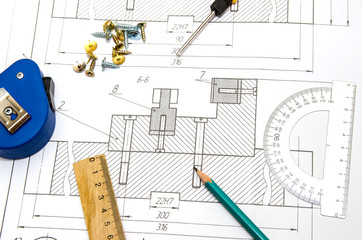 Pencil, ruler and engineering drawings