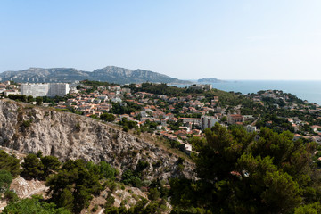Fototapeta na wymiar View of Marseille suburbs with hills of the calanques in background