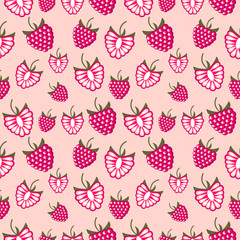 Seamless fruits vector pattern, bright color chaotic background with raspberries, whole and half, over pink backdrop