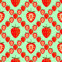 Seamless fruits vector pattern, bright color geometric background with strawberries, whole and half, over green backdrop