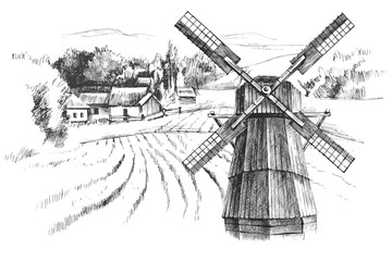 Hand drawn landscape with mill © Marina Gorskaya