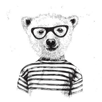 Hand drawn Illustration of dressed up hipster bear  