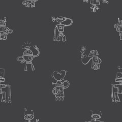 Vector seamless pattern with cartoon robots  on gray  background.
