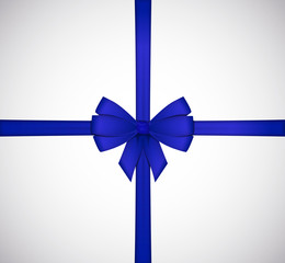 Shiny blue satin ribbon bow isolated on white background.