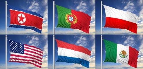Obraz premium Collection of six flags of North Korea, Portugal, Poland, USA, Russia, Mexico,