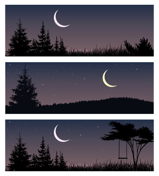 Set of night landscapes with new moon and trees. Horizontal vector illustrations.