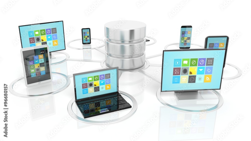 Wall mural network database and communication devices icons isolated on white background.