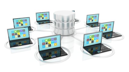 Network database and laptop icons isolated on white background.