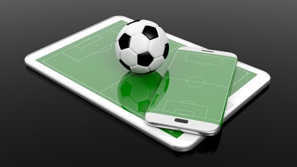 Soccer field with ball on smartphone edge and tablet display, isolated on black.