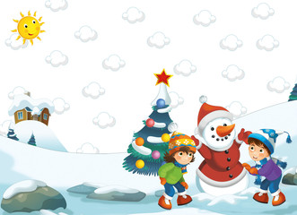 Cartoon happy winter scene - boy and girl making a snowman - illustration for the children
