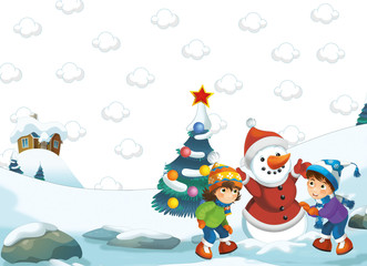 Cartoon happy and funny scene with boy and girl having fun on the snow - creating a snowman - illustration for children
