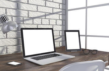 Fototapeta premium 3D illustration laptop and work stuff on table near brick wall, Workspace