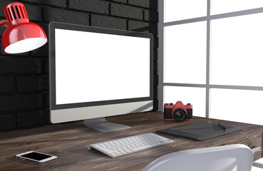 Fototapeta premium 3D illustration PC screen on table in office, Workspace