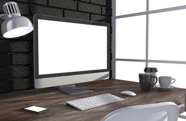 Fototapeta premium 3D illustration PC screen on table in office, Workspace