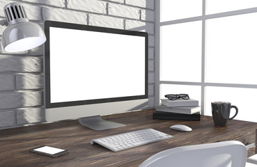 Fototapeta premium 3D illustration PC screen on table in office, Workspace