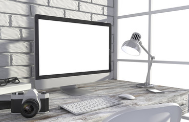 Fototapeta premium 3D illustration PC screen on table in office, Workspace
