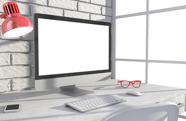 Fototapeta premium 3D illustration PC screen on table in office, Workspace