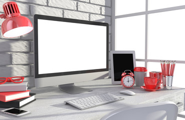 Fototapeta premium 3D illustration PC screen on table in office, Workspace
