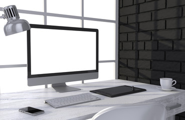 3D illustration PC screen on table in office, Workspace