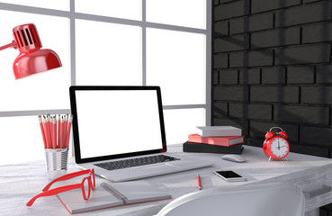 3D illustration laptop and work stuff on table near brick wall, Workspace