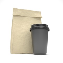 Coffee to go and lunch bag, on white.