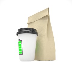 Coffee to go and lunch bag, on white.