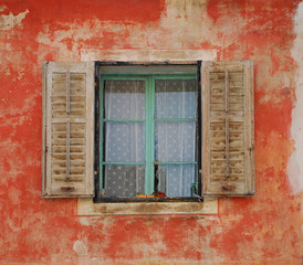 Brown Shutters in Red Wall, Izola