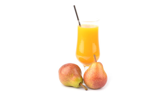 fresh pears juice and fruit on white background