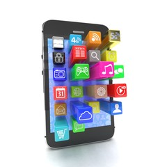 application software icons extruding from smartphone, isolated on white
