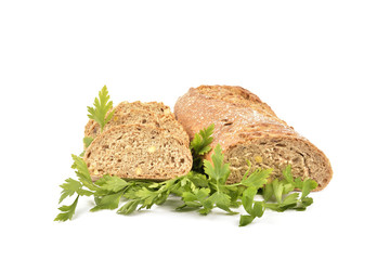fresh homemade natural bread with vegetables on white background