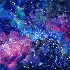 Space hand painted watercolor background. Cosmic texture with stars. Abstract background