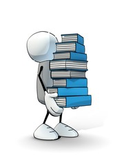 little sketchy man carrying a pile of blue books