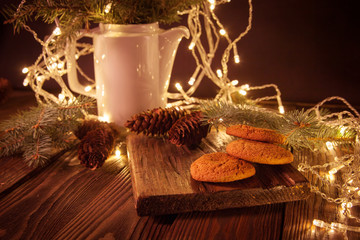 cookies and milk, tree, Christmas  concept, wooden background