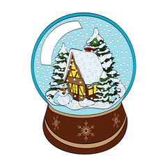 Snowman, House And Trees In Snow Globe