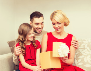 happy family opening gift box