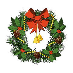 Christmas Wreath With Red Bow, Bells, Holly, Cones