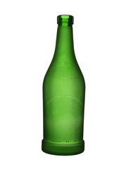 Green glass bottle of wine isolated on a white background.