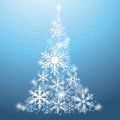 Abstract Christmas tree from snowflakes on blue background