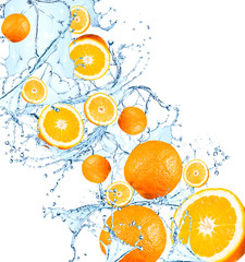 Fototapeta na wymiar Fresh fruits, orange falling in water splash, isolated on white background
