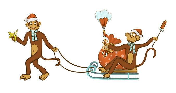 new year, christmas, monkey and a banana with a sack, sleigh