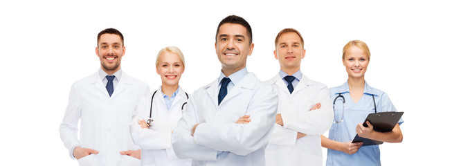 group of smiling doctors with clipboard