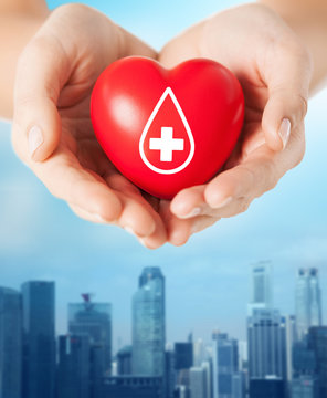 female hands holding red heart with donor sign