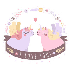 Unicorns vector background with ribbon I Love You (pastel colors)