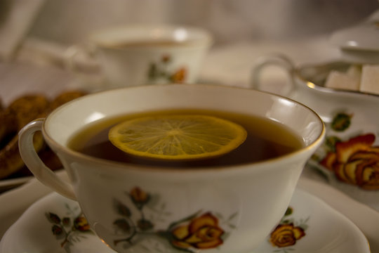 cup of tea with lemon close up